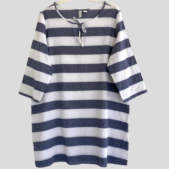 Y2K Palm Island Women’s 3X Nautical Blue & White Stripe Dress Midi 3/4 Sleeve - Picture 2 of 9